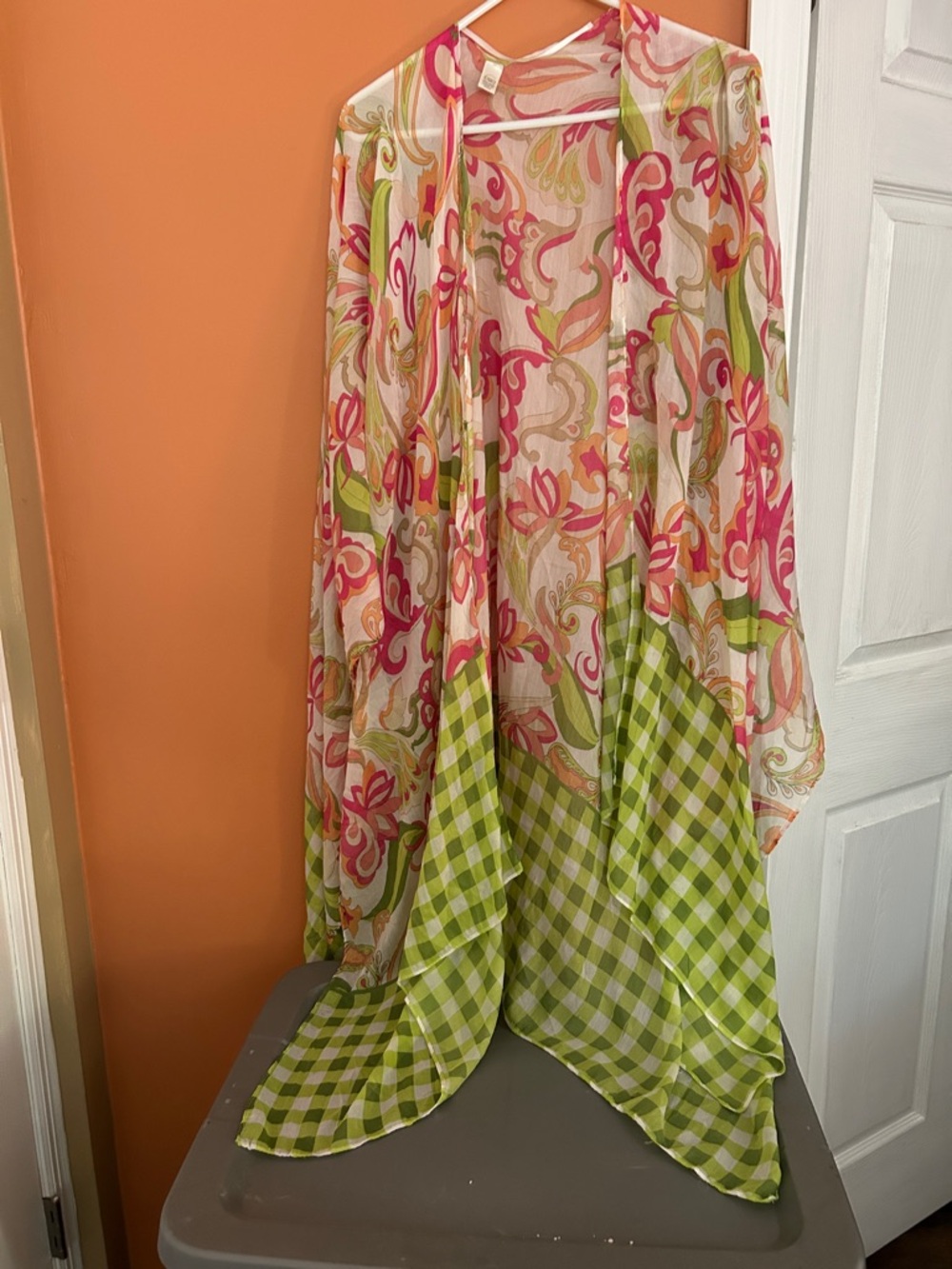 Cato Sheer Floral & Gingham Duster in Pink, Green, White